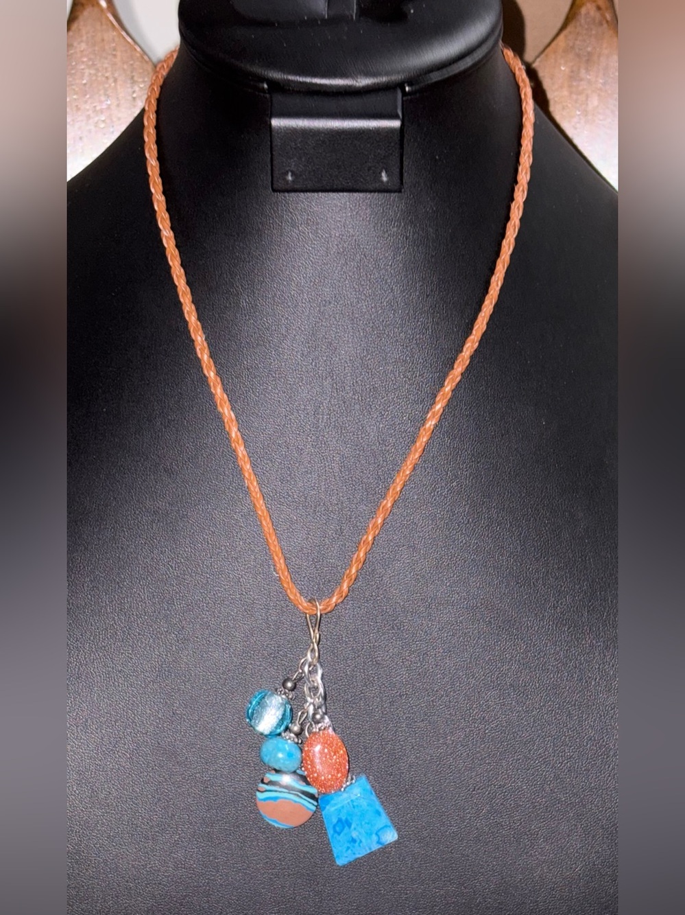 Boho Artisan Charm Necklace | Turquoise Stone Pendant Brown Braided Cord
